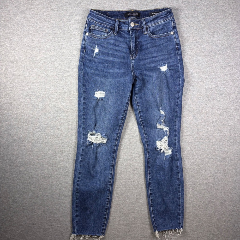 Judy Blue Jeans Womens 27 Blue Relaxed Fit Distressed Raw Hem JB88135